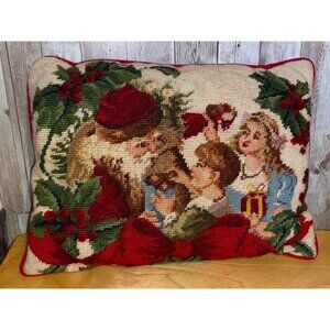 Vintage Needlepoint Father Christmas Pillow Santa & Children Holiday Decor